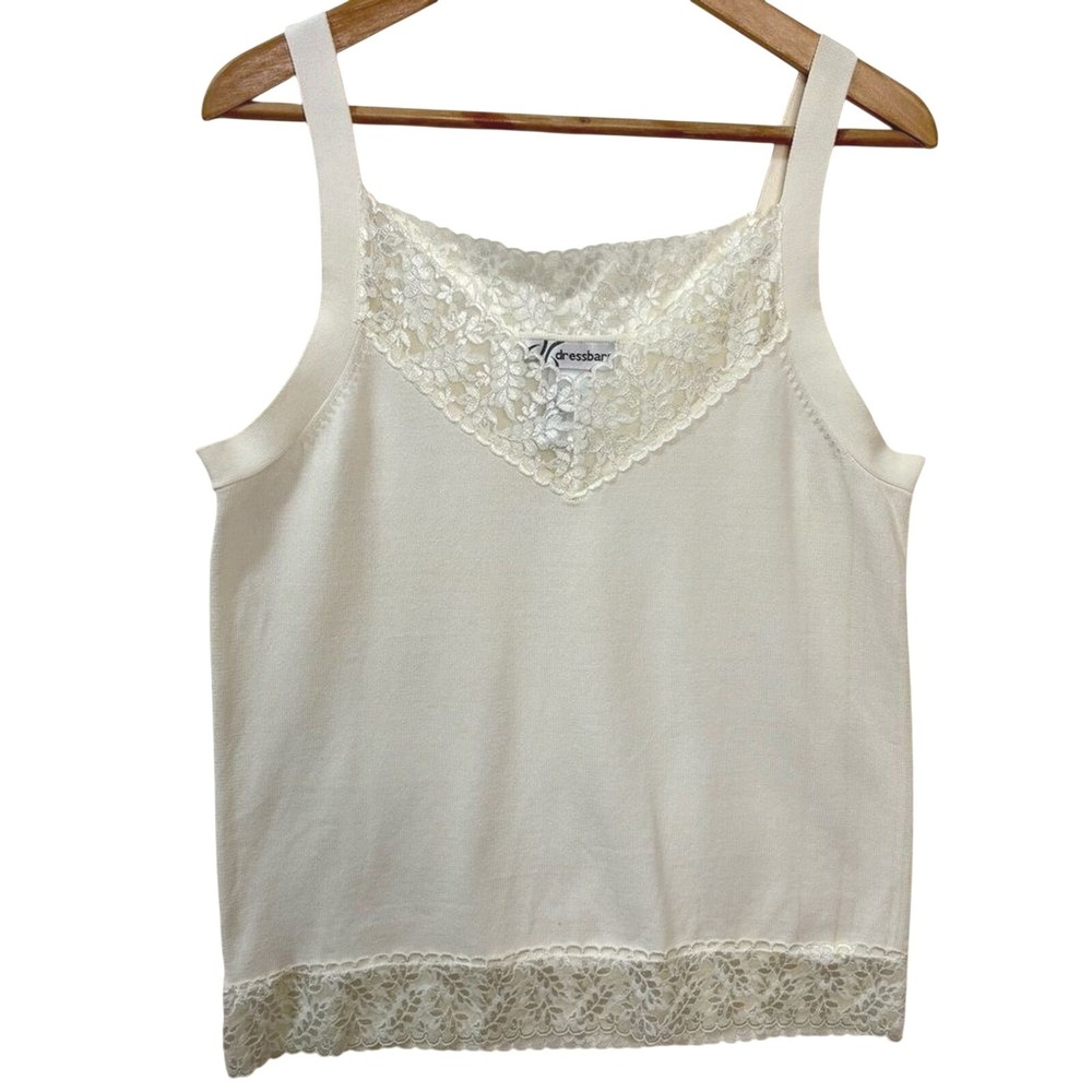Dressbarn Knit Cami Top Women L Ivory Lace Layering Romantic Coquette Minimalist